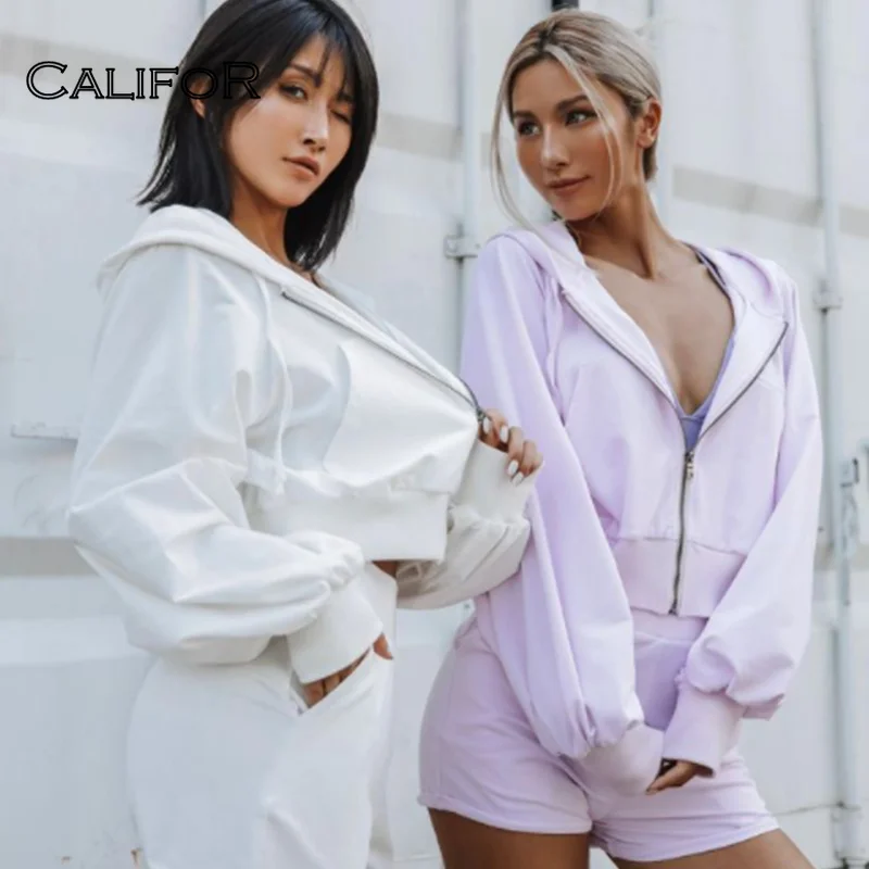 

CALIFOR Sports Long Sleeves Zipper Top&shorts 2 Piece Set Spring Casual Fashion White Hoodie Elastic Waist Gym Suit Women Korean