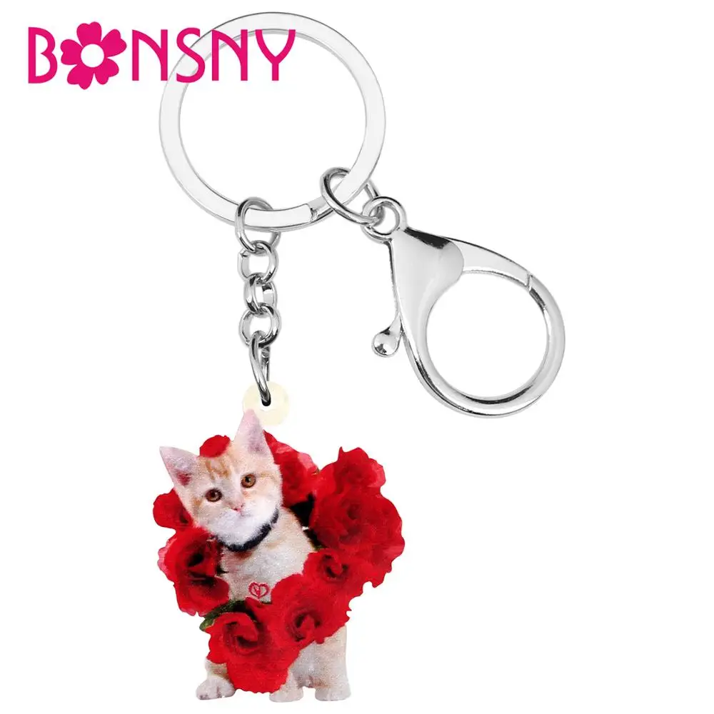 Bonsny акриловые цепочки кольца для ключей с розовым котом на День святого