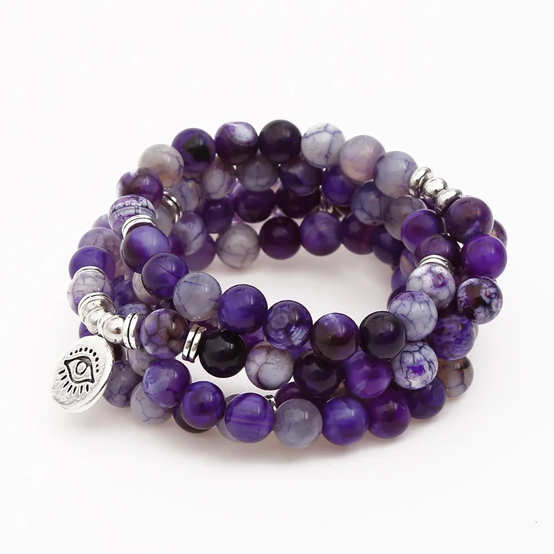 

New Style Fashion 8mm Natural Purple Ice Blast Onyx Bracelet 108 Mala Eye Pendant Bracelet Chakra Yoga Prayer Bracelet Dropship