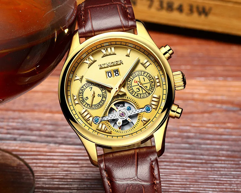 Швейцарские Бингер мужские часы люксовый бренд Tourbillon сапфир светящиеся несколько функций механические наручные часы B8602-7