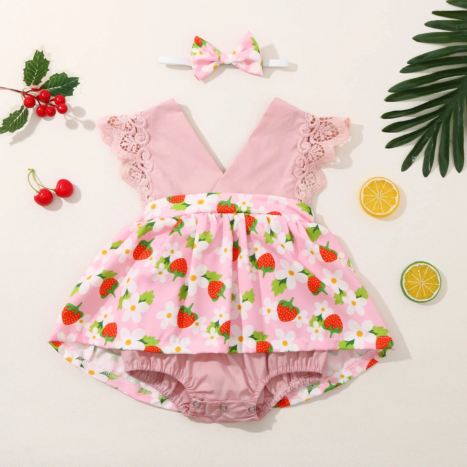 

Baby Girls Bodysuit Lemon Strawberry Print V-neck Lace Fly Sleeved Bodysuit+headband Infant Toddler Newborn Baby Girl Clothes