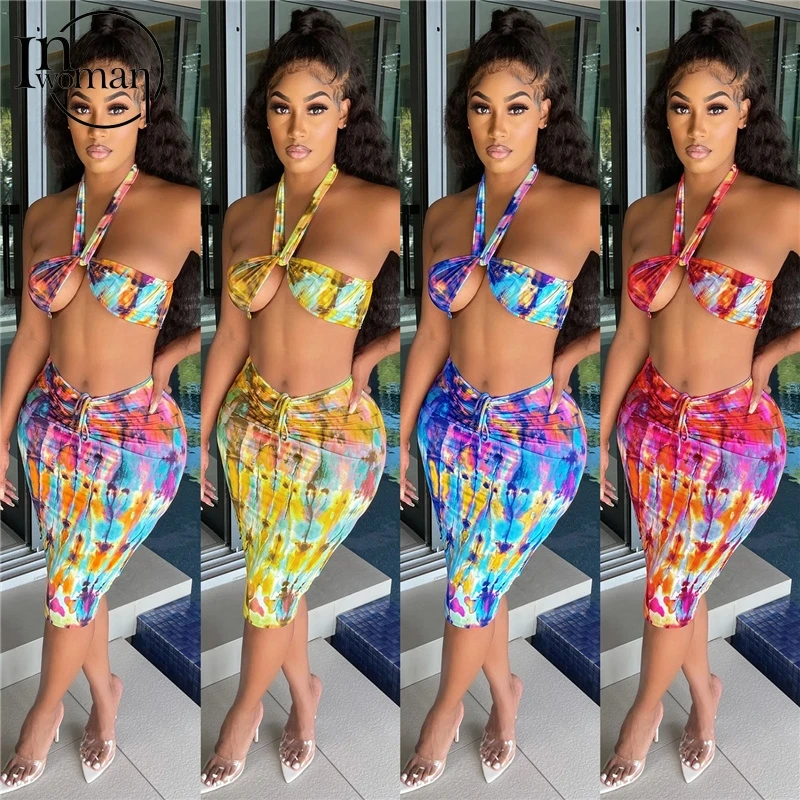 

Inwoman сексуальное платье, бодикон, с рисунком, топ c бретелькой через шею шнурок укороченный топ летний комплект из двух предметов, комплект с ...