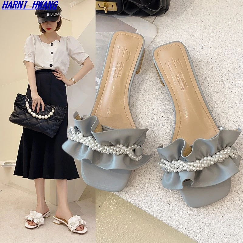 

New Fabric Beaded Decorative Shoe Upper With Heel Women's Slippers For Street Walks, Non-slip Comfortable Sandals, Rubber Soles