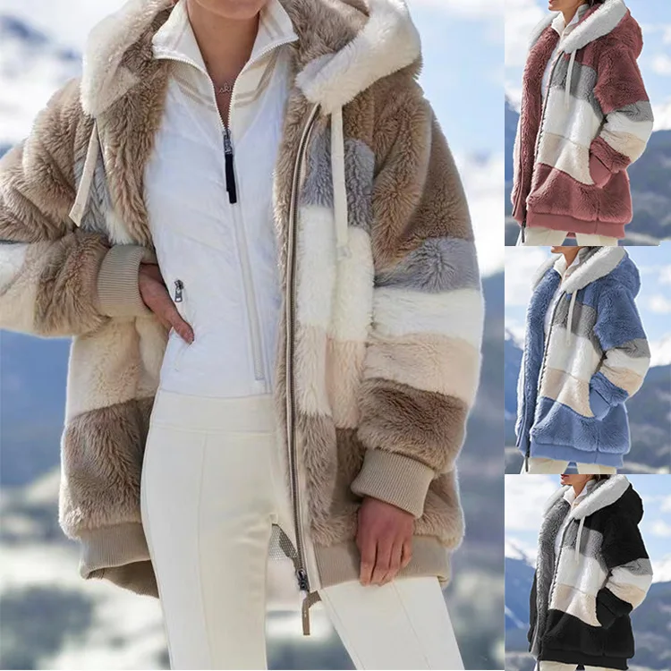 

Women Jacket Fashion Patchwork Plush Zipper Hooded Coat Outwear Winter Warm Faux Fur Pocket Loose Parka Female Coat Plus Size