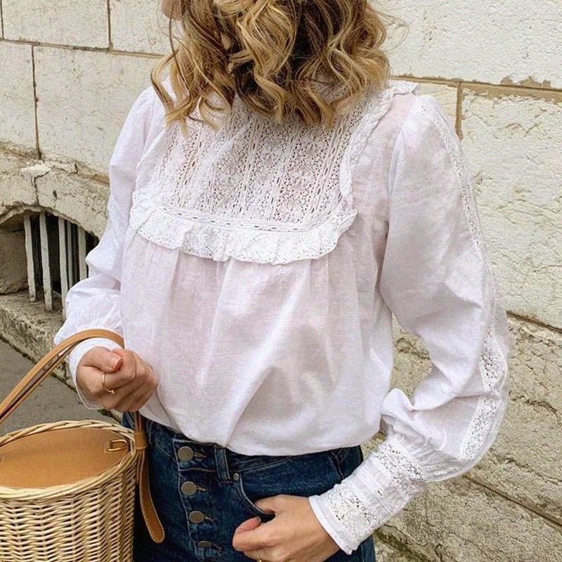 

Elegant Ruffles Blouse Femme Turtleneck Lace Patchwork Hollow out Long Sleeve Casual Retro Vintage White Blouses Shirts Hauts