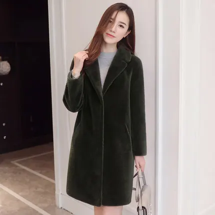 army green Женские зимние плотные пальто и куртки, женские Теплые повседневные пальто с натуральным мериносовым овечьим мехом, большие размеры, женская верхняя одежда с длинным рукавом средней длины - Цвет: army green