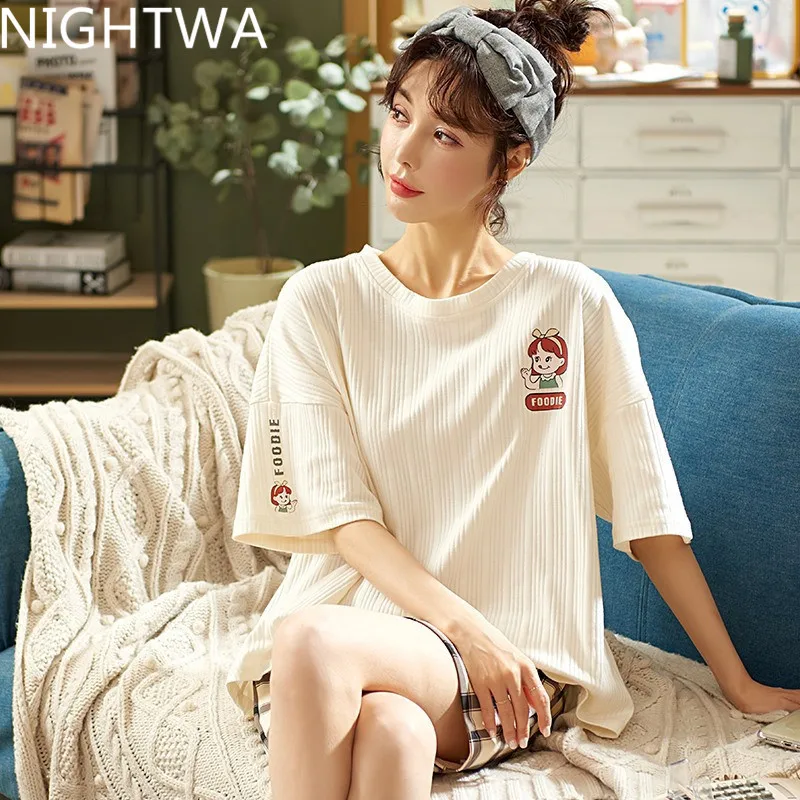 

NIGHTWA 2021 Cotton Girl Pajamas Set O-Neck Short Sleeve Shorts Sleepwear Autumn Clothes Women Nightwear Casual Homewear