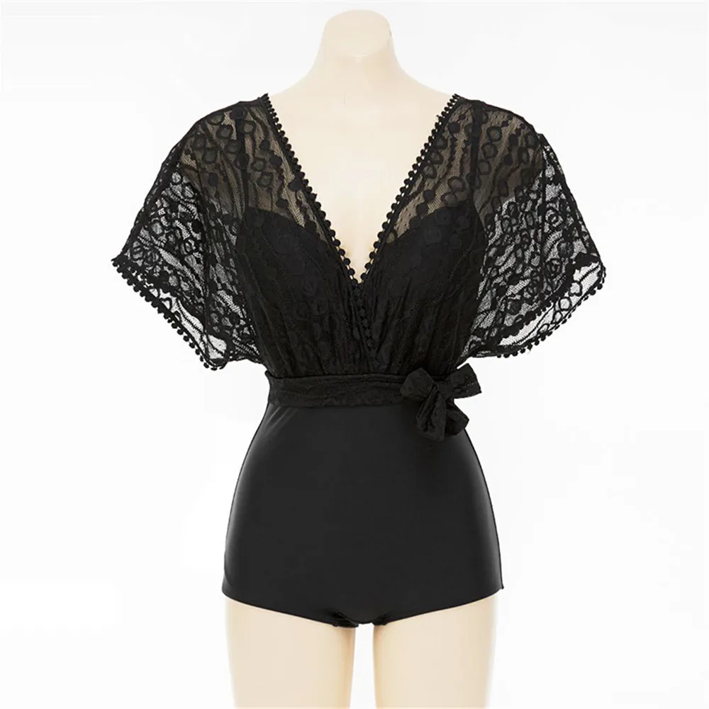 Кружевной Цельный купальник Женский однотонный с коротким рукавом монокини