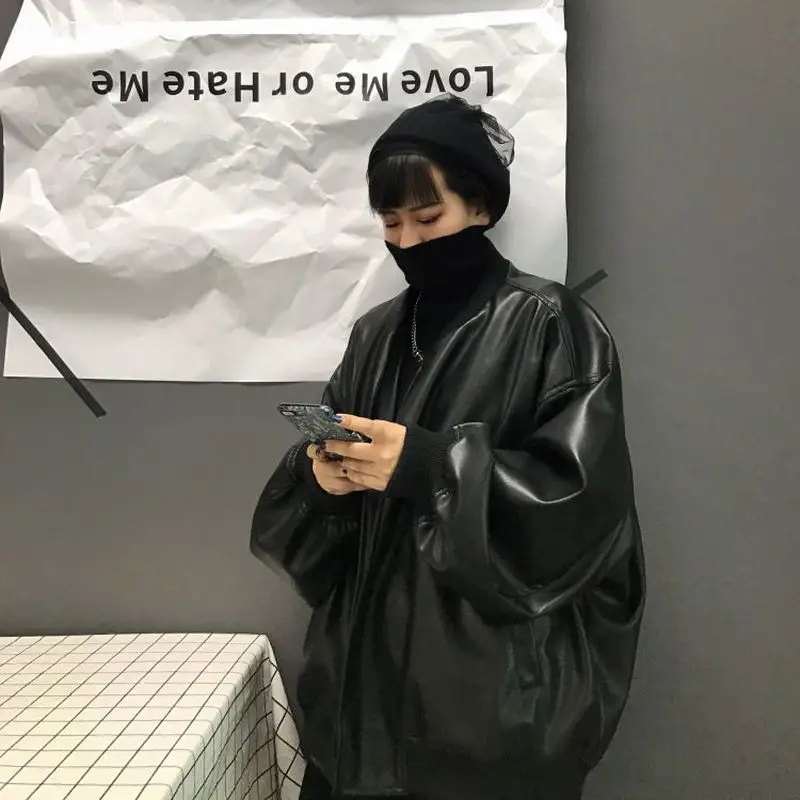 

Leather jacket female PU baseball jacket 2021 new Korean fashion high street BF style embroidery coat couple motorcycle jacket