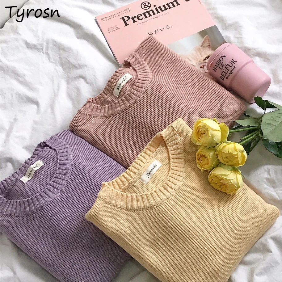 

Пуловер женский трикотажный, однотонный, с круглым вырезом, в Корейском стиле