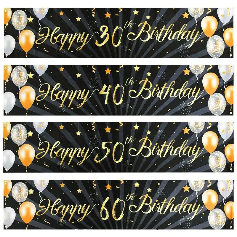 

Black Gold Happy Birthday Banner Balloon Flag Adult 30th 40th 50th 60th Birthday Party Decoration Supplies Bunting Anniversary