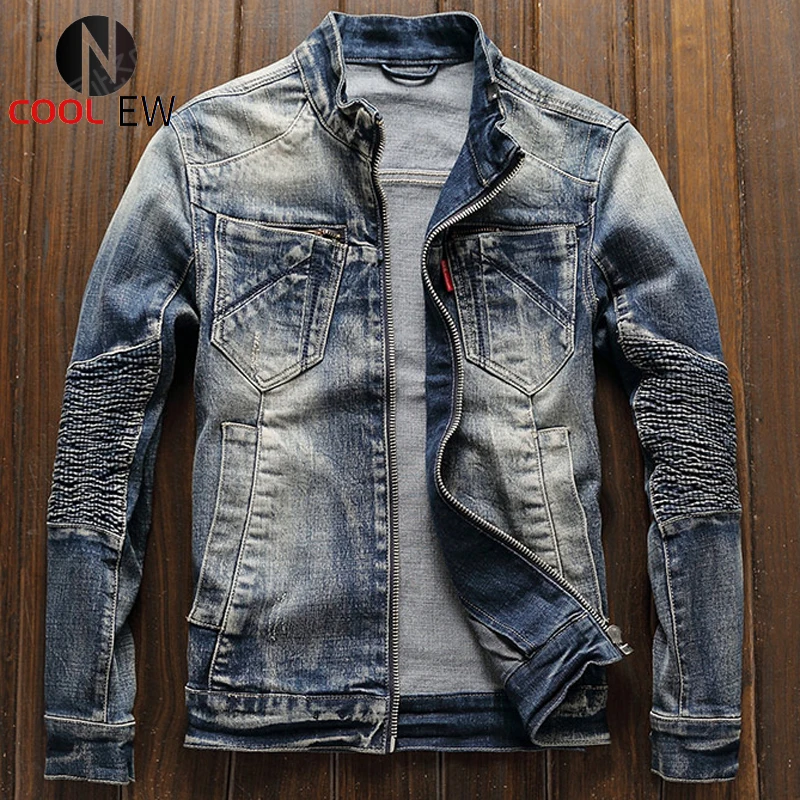 

Куртка мужская джинсовая в стиле ретро, стрейчевая мотоциклетная куртка из денима, уличная одежда в европейском и американском стиле, модел...