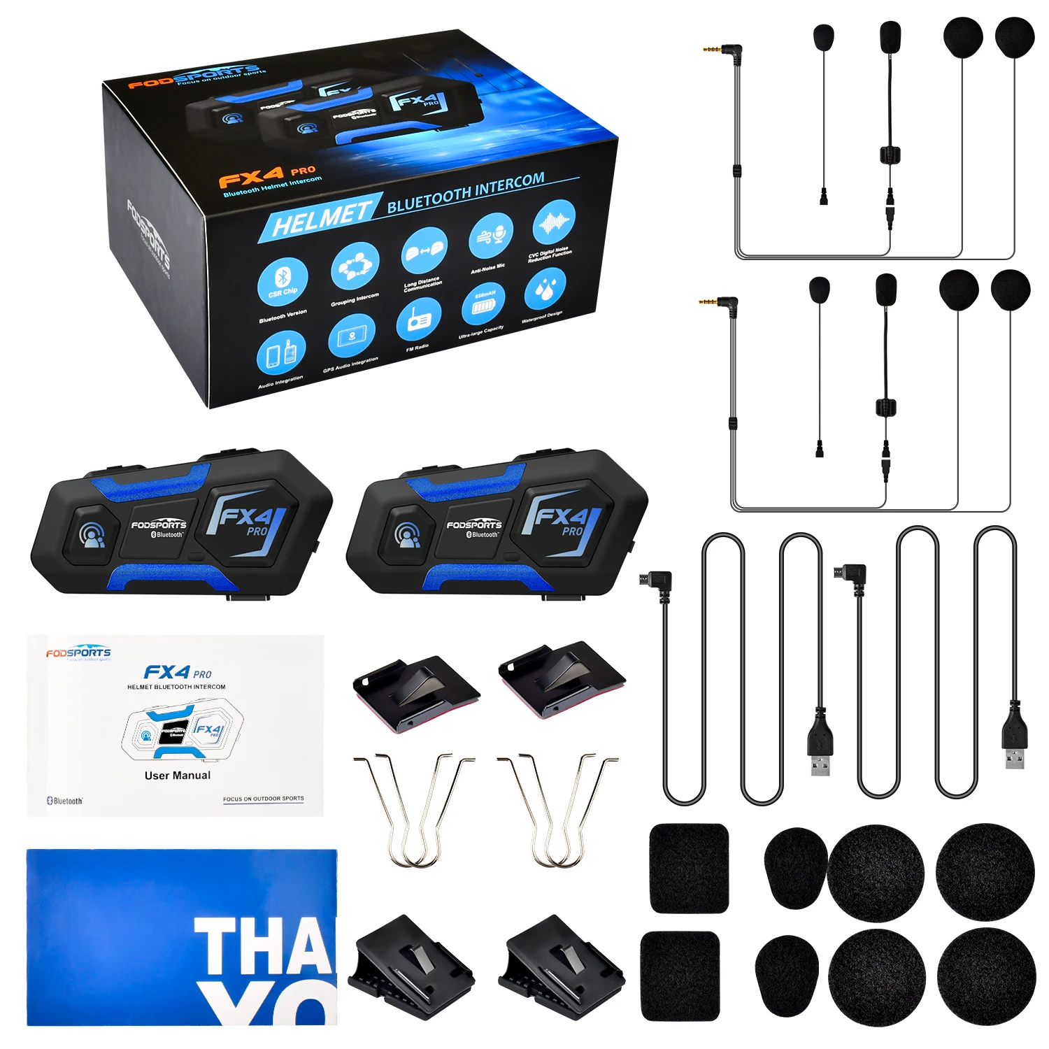 Fodsports 2 pcs FX4 Pro Helmet Intercom Мотоциклетный шлем Bluetooth-гарнитура Домофон 1000 м Intercomunicador 4
