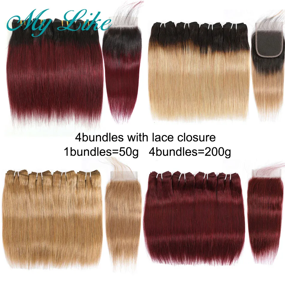 4 Bundles with Closure 50g/pc Ombre Peruvian Straight Human Hair Lace Red Wine 99j With | Шиньоны и парики