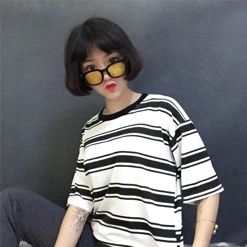 2019 свободная полосатая футболка для колледжа Харадзюку Женская Повседневная с
