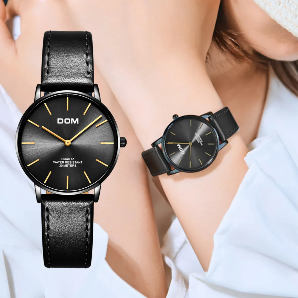 DOM модные женские часы топовые Роскошные брендовые черные кожаные