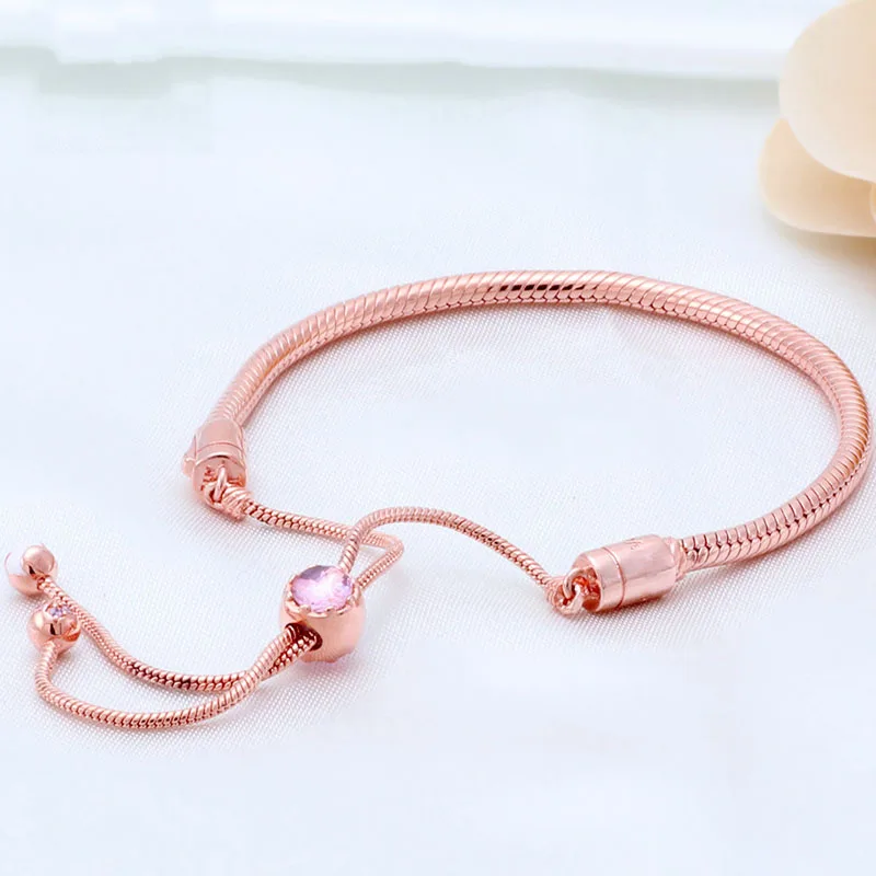 

Original Rose Gold Peach Blossom Sliding Clasp Adjust Bracelet Fit 925 Sterling Silver Bangle Bead Charm Diy Europe Jewelry