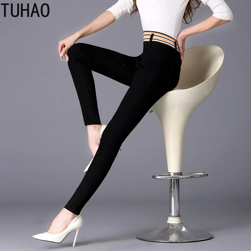 Женские Стрейчевые джинсы TUHAO черные брюки с высокой талией большие размеры 5XL 4XL