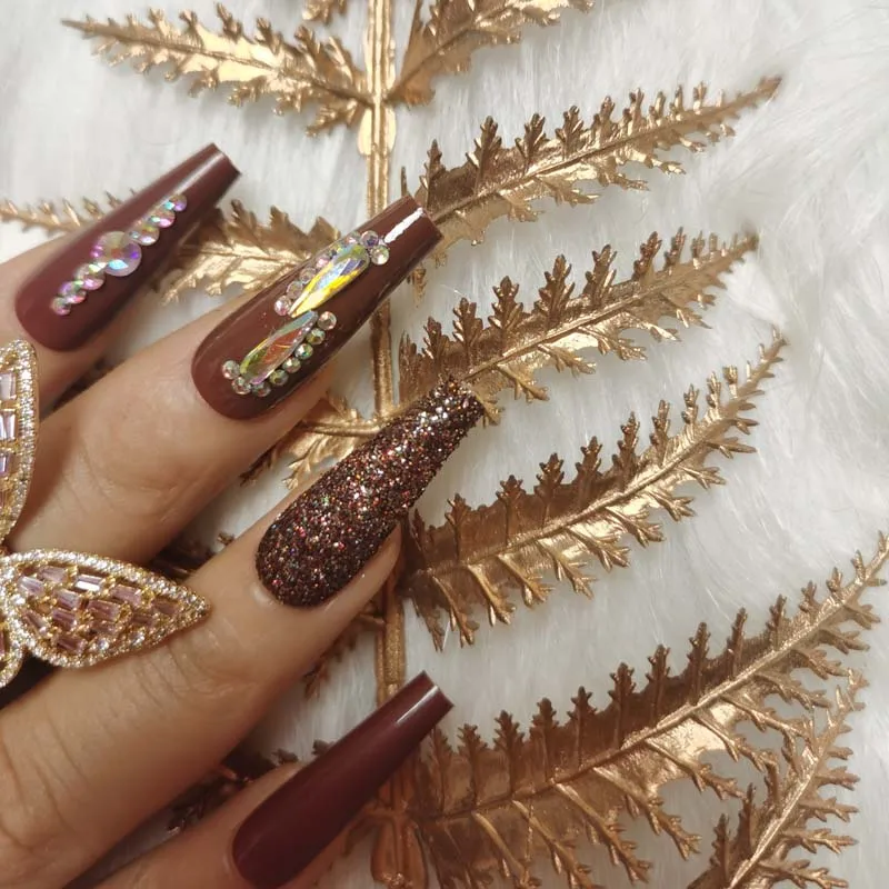 

24pcs New design luxury jewelry long ballet coffin fake nails crystal diamond brown