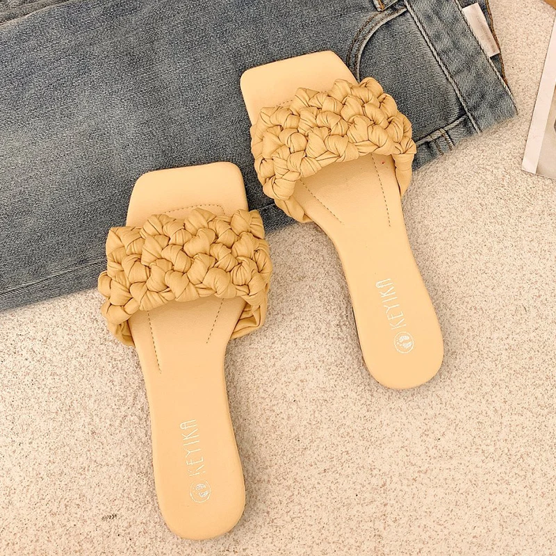 

2021 New Women Braided Slippers Sexy Upper Design Open-toe Flat Sandals Beach Shoes Fashion Woman Casual Flip Flops Summer Black