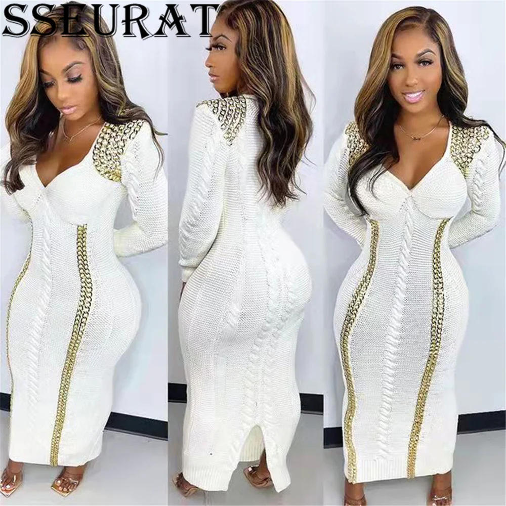 

Женское однотонное платье-свитер с длинным рукавом и V-образным вырезом