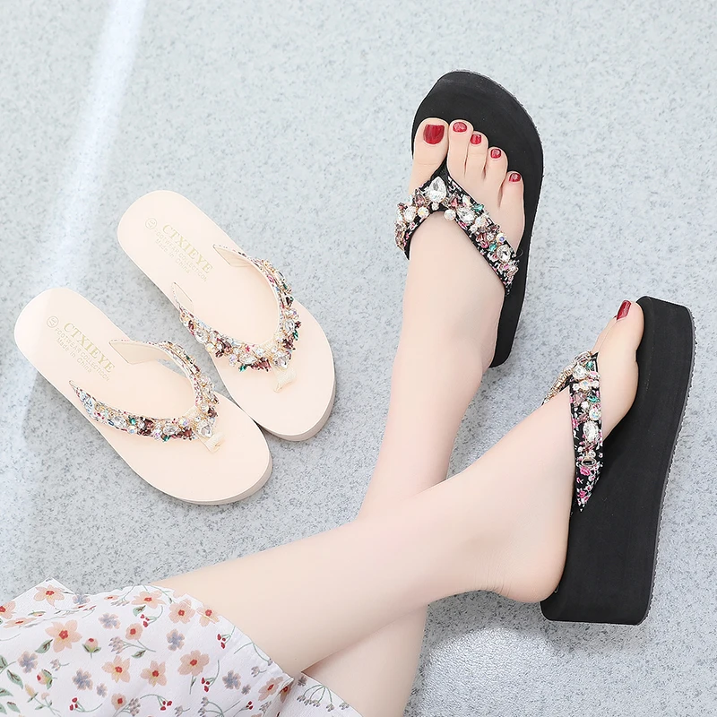 

Shoes Woman 2022 Slippers Heels On A Wedge Platform Glitter Slides Shale Female Beach Med Fashion High Flat Jelly Sabot Soft