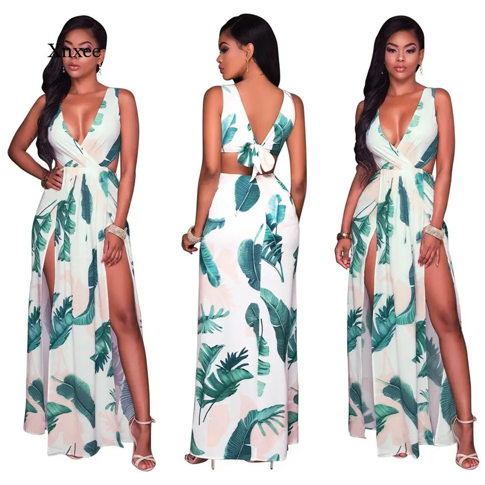 

Hollow High Waist Robe New Summer Fashion Digital Printed Dress Bowknot Split Backless Deep V Neck One-Piece Nightclub Dresses