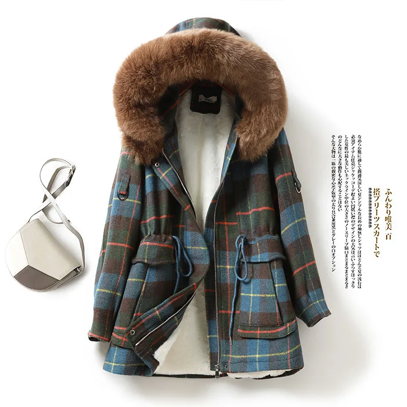 High-End Label Cutting Foreign Trade Big Brand Winter Hooded Large Fur Collar Cotton Clothes Fleece Plaid Cinched Cotton-Padded