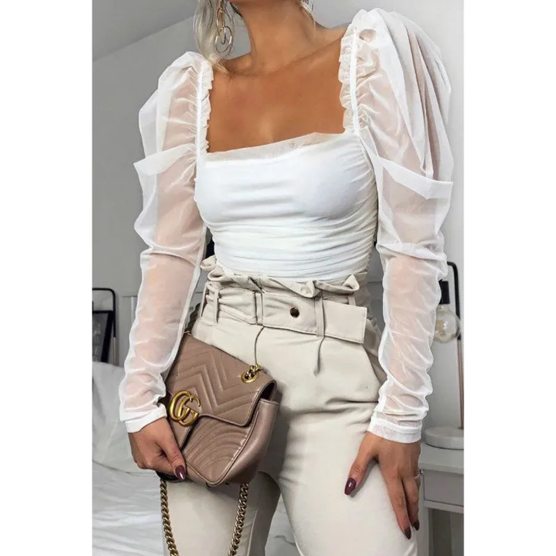 

Women Blouse Spring Autumn Female Sexy Casual Mesh Sheer Patchwork Puff Sleeve Ruched Blouse Square Neck Strapless Shirt