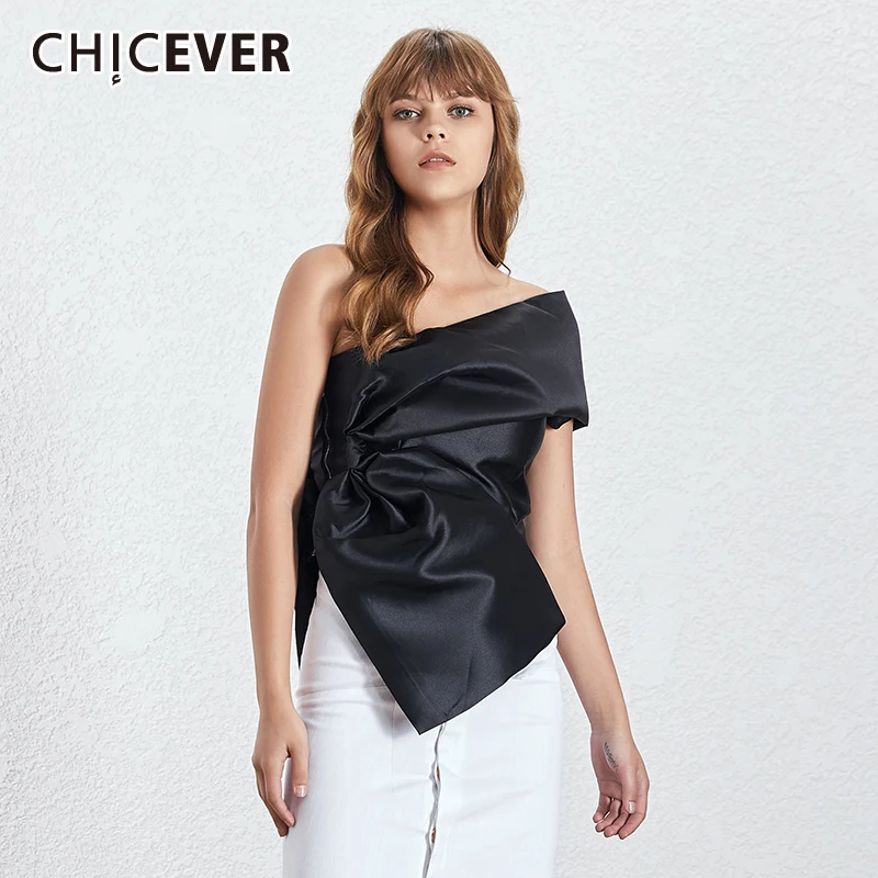 

CHICEVER, сексуальные Лоскутные асимметричные блузки для женщин, с воротником-косой, с коротким рукавом, с открытыми плечами, элегантные рубашк...