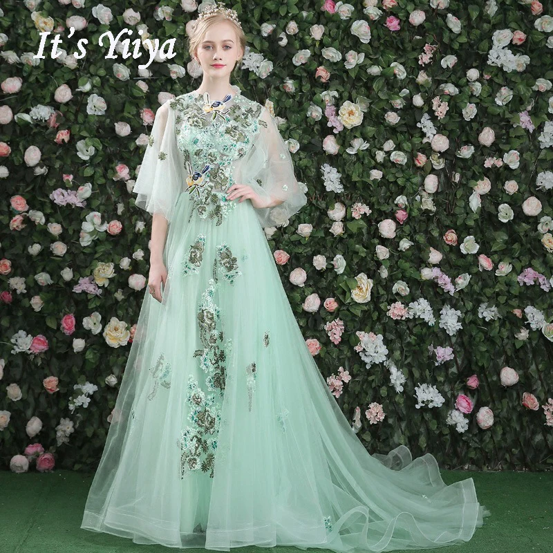 Женское вечернее платье It's Yiiya зеленое кружевное со шлейфом и аппликацией на лето 2019|Вечерние платья| |