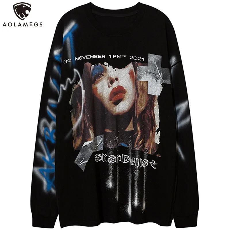 

Aolamegs Sweatshirt Men Punk Letter Hipster Illustration Print O-Neck Pullovers Hip Hop Cool Gothic Loose Casual Cozy Streetwear