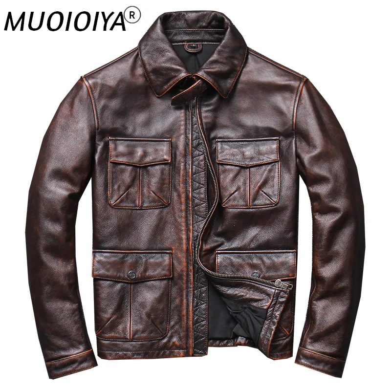 

Genuine Leather Jacket Men's Pure Cowhide Motorcycle Leather Jacket Casual Retro Distressed jacket Real Cowhide Coat