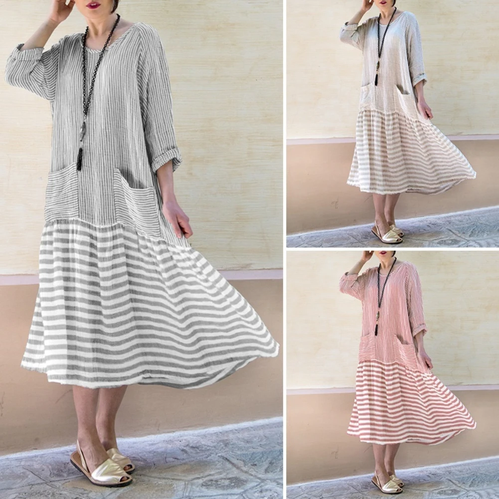 Женское винтажное платье-миди в полоску свободное платье с круглым вырезом и