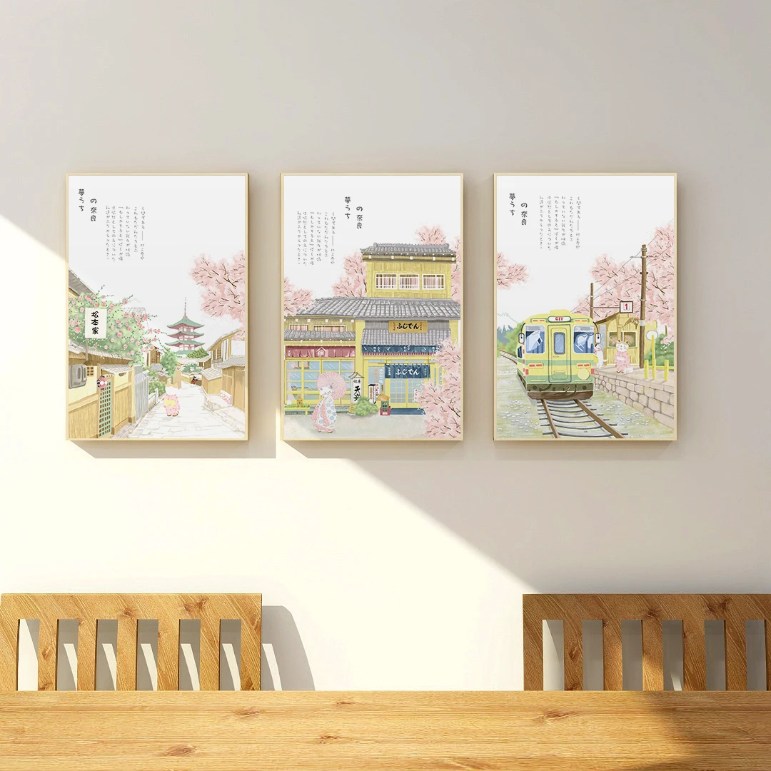 

Japanese Fresh Landscape Canvas Painting Forbidden City Illustration Feeling Posters and Prints Tram Wall Picture Living Room