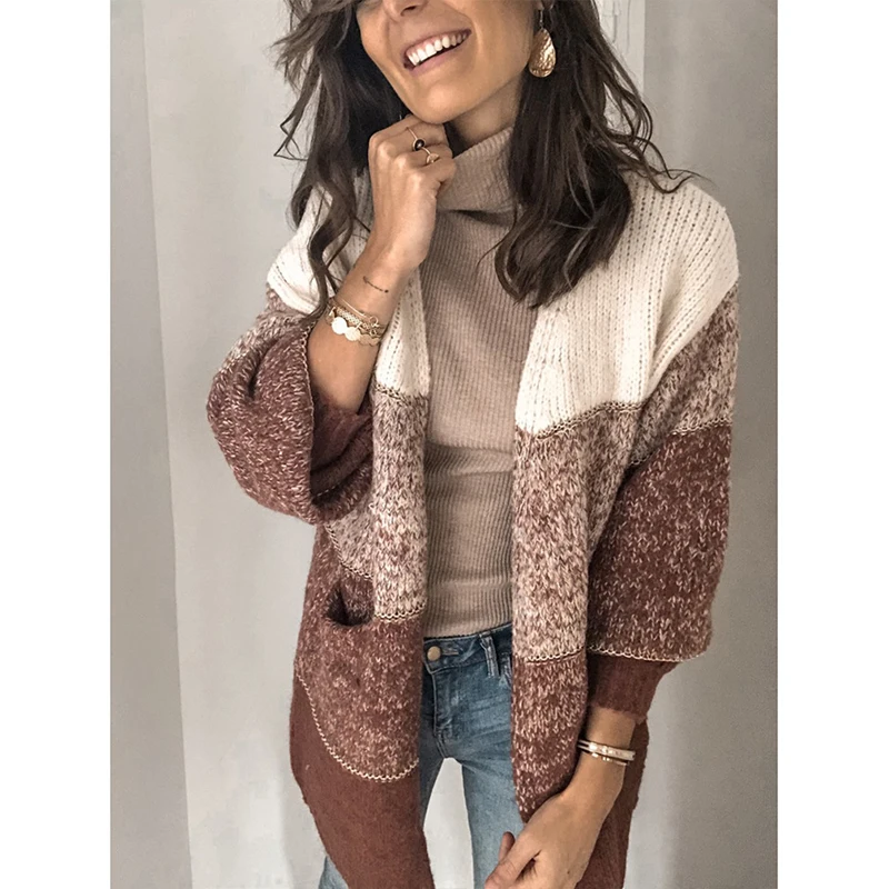 Patchwork Knitted Cardigan Loose Pocket Hollow Long Sleeve Sweater Female Cardigans Women's Coats Sweaters Outerwear |
