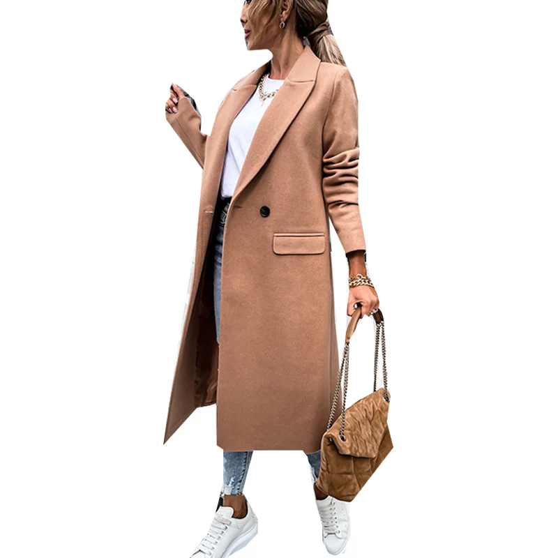 

2021 Autumn And Winter Women Long Woolen Coat Turn-Down Collar Cardigan Solid Fashion Woolen Coat Double Breasted Jacket