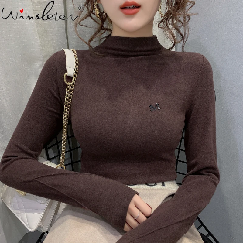 Новинка 2020 женские осенние облегающие футболки однотонные Теплые Топы с длинным