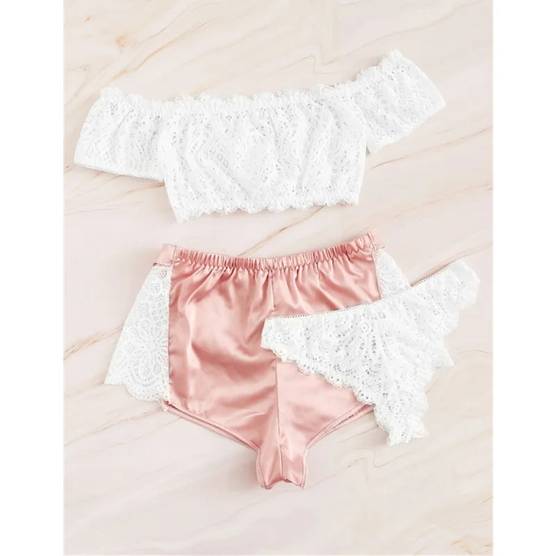 Женские атласные шелковые кружевные пижамные шорты Стринги Babydoll нижнее белье Ночная рубашка пижамы комплект из 3 предметов