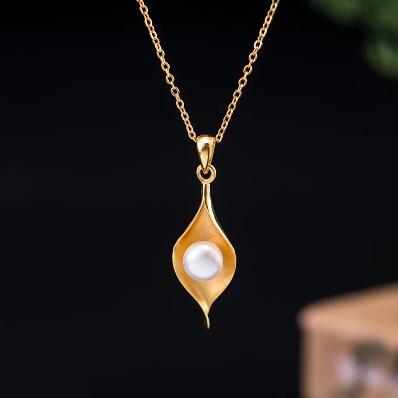 

Real S925 Sterling Silver 18k Gold Freshwater Pearls Leaf Dew Pendant Necklace For Women Exquisite Necklace Anniversary Gifts