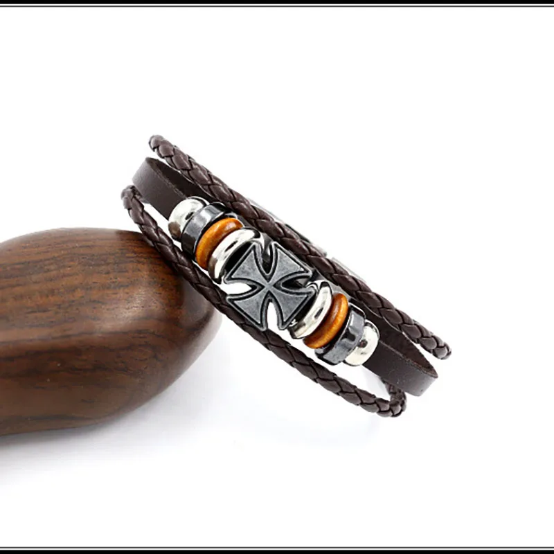 

European and American New Punk Jewelry Retro Rock Heavy Metal Cross Self Defense Men's Leather Bracelet Women's Bracelet