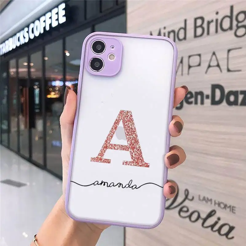 

Name Letter Monogram Pink Glitter Golden Phone Case matte transparent For iphone 7 8 11 12 plus mini x xs xr pro max cover