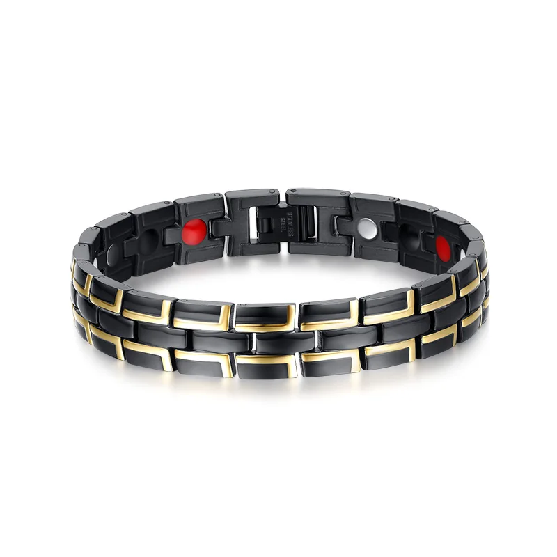 

wholesale Unique natural germanium stone healty magnetic bracelet for men stainless steel jewelry black and gold color