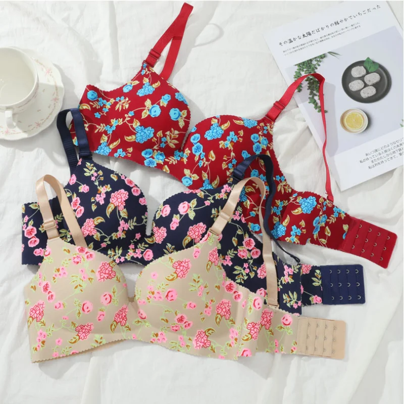 

Sexy Lingerie Flower Print Gathered Bras Women Floral Push Up Seamless Bra Underwear