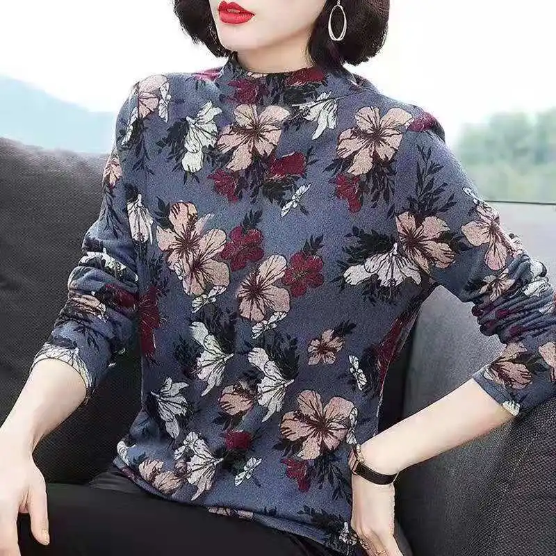 

Lucyever Vintage Print Turtleneck Blouses Women 2021 Autumn Winter Warm Plush Pullovers Tops Woman Slim Fit Long Sleeve Pullover
