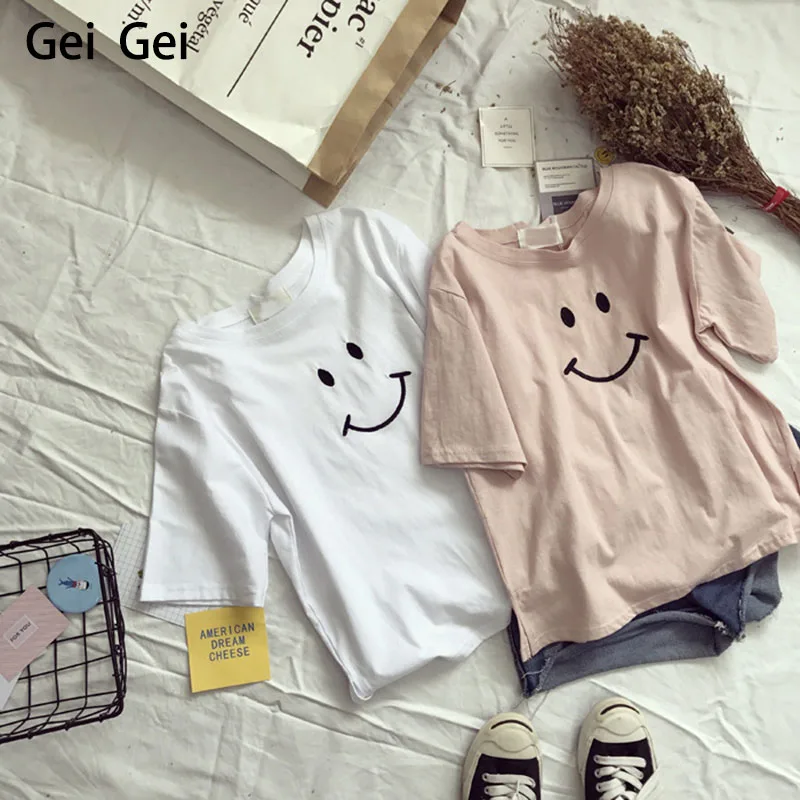 Женские летние топы со смайликом студенческие повседневные свободные футболки