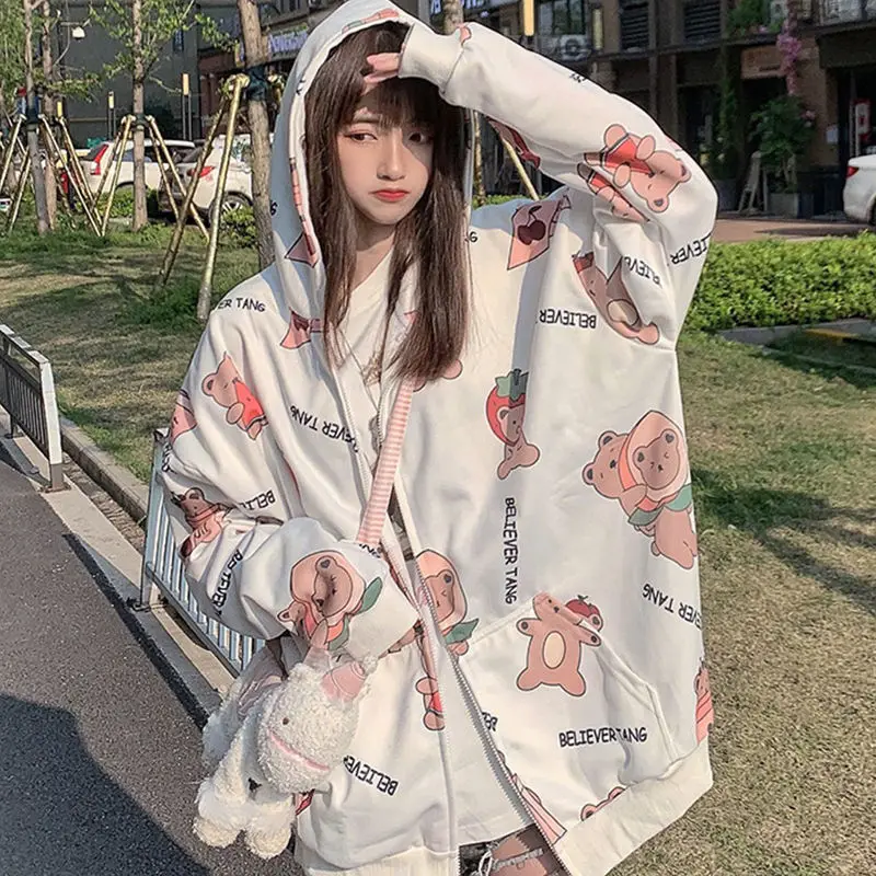 Summer 2021 Fashion Zip Up Cute Bear Sweetshirt Vintage Long Sleeve Spring Clothes Women Hoodies Coat Loose Harajuku Tops New