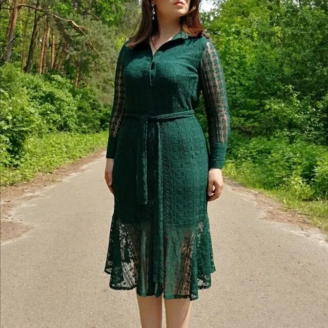 Женское платье с поясом винтажное длинным рукавом | Женская одежда