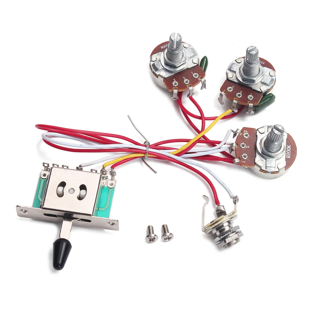 

1 Set Electric Guitar Wiring Harness Prewired Kit 5 Way Toggle Switch 1 Volume 2 Tone Pot Jack 500K 2T1V GU101