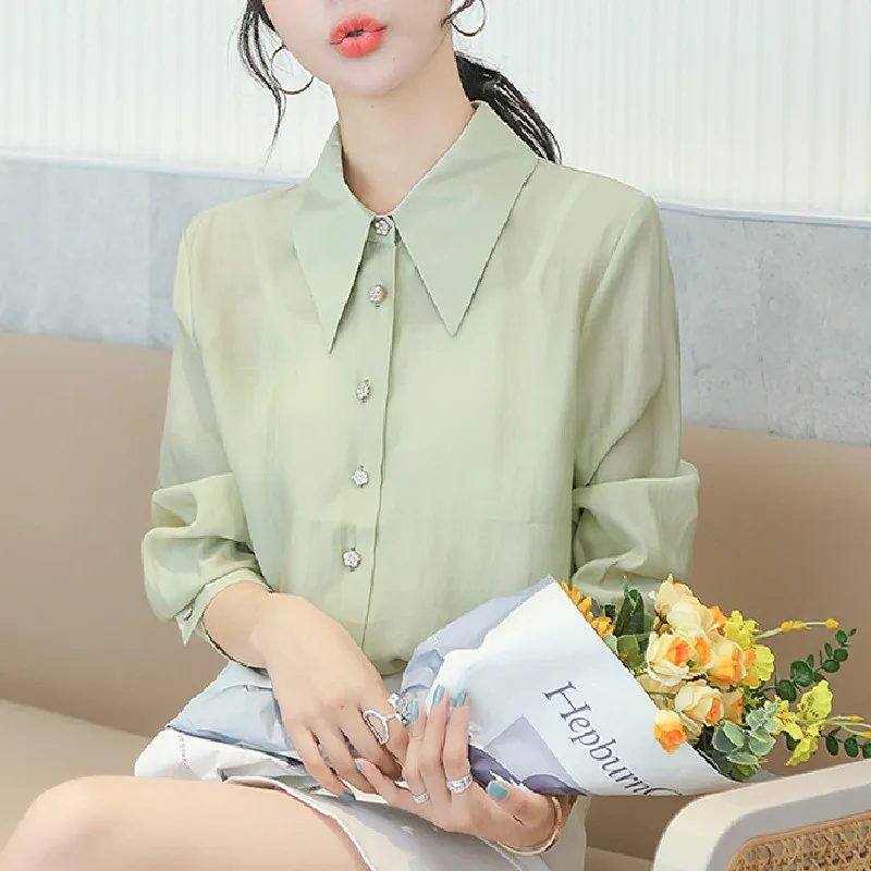 

Women's Sweet Shirts Solid Turn-down Collar Single Breasted Classic Blouses Office Lady Vintage Shirt Autumn Spring 2021